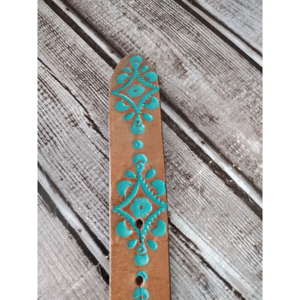 Justin Brown w/Teal Accent Tooled Leather Belt Silver-Tone Heart Buckle Women 26